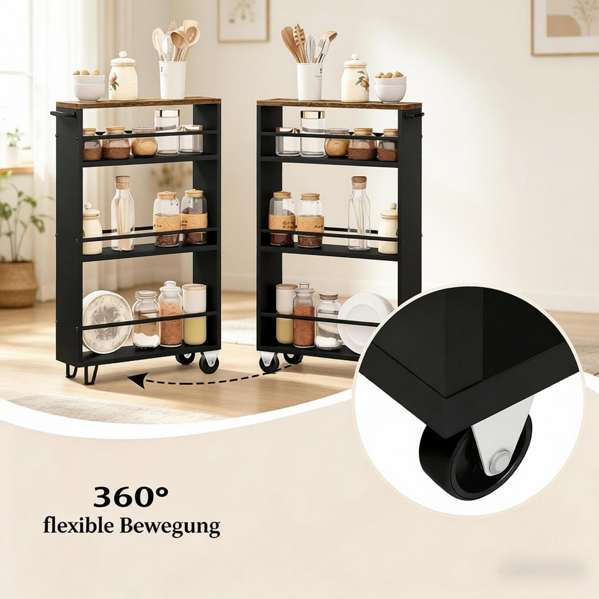 SERVIERWAGEN DE-41496 47/80/13 cm, schmal, 3 Regale, Rollen Schwarz - Schwarz, Holzwerkstoff (13/80/47cm) - ComfortXL