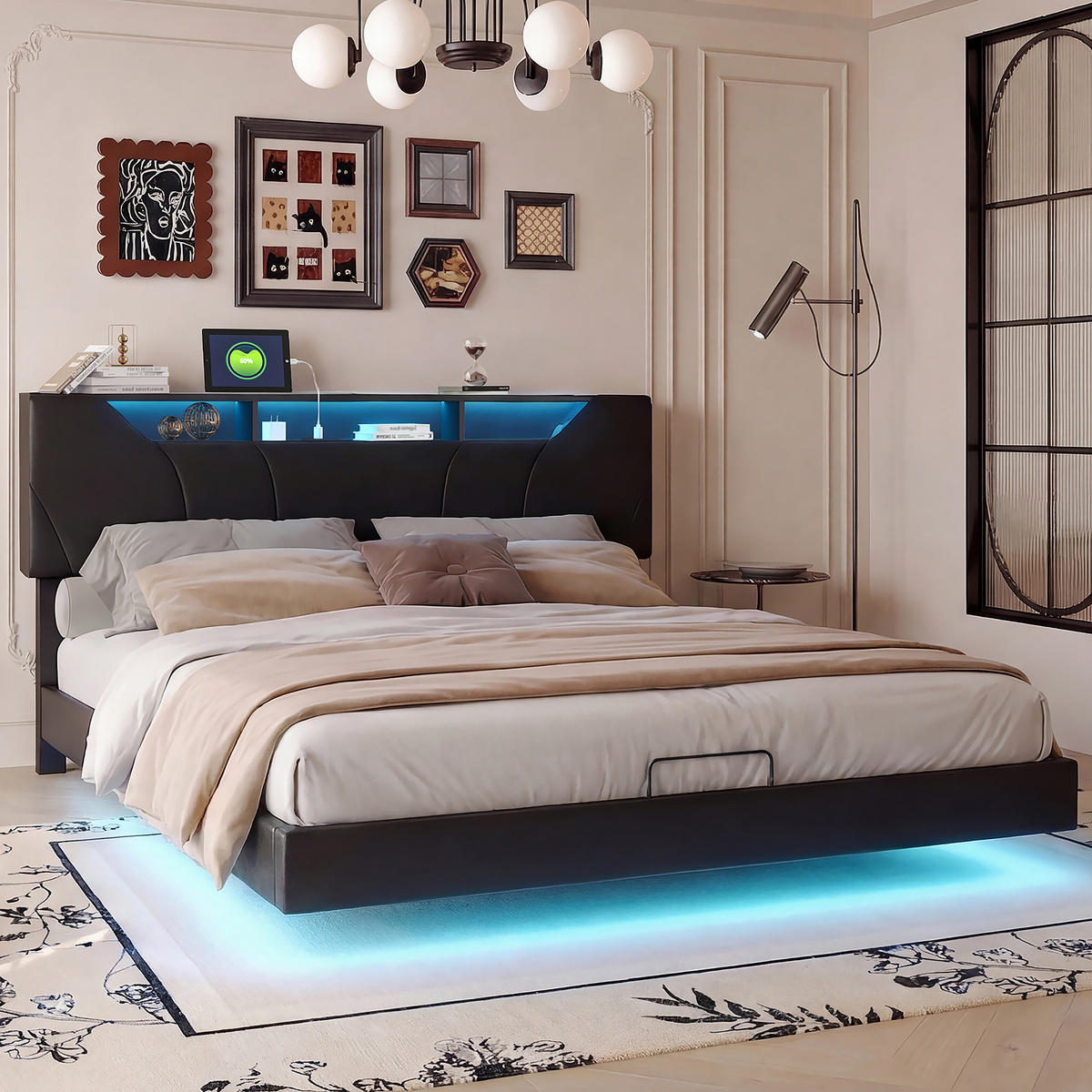 POLSTERBETT 140/200 cm mit großem Ablagekopfteil, USB-Anschluss, LED-Unterbeleuchtung, Lederlook-Bezug - Schwarz, Holz/Metall (140/200cm) - Joyfair