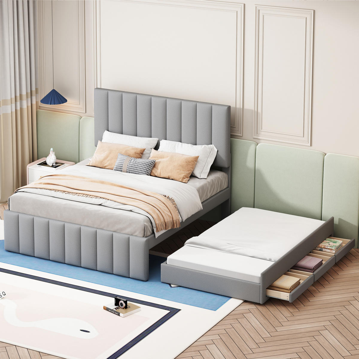 POLSTERBETT 140/200 cm mit Ausziehbett und 3 Schubladen, gepolstertes Kopfteil - Grau, Textil (140/200cm) - BEAOK