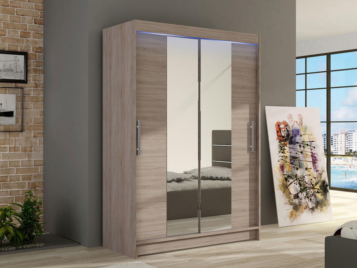 KLEIDERSCHRANK Miami II, mit RGB LED Beleuchtung - Silberfarben/Trüffeleichefarben, Holzwerkstoff/Kunststoff (120/200/58cm) - MIRJAN24