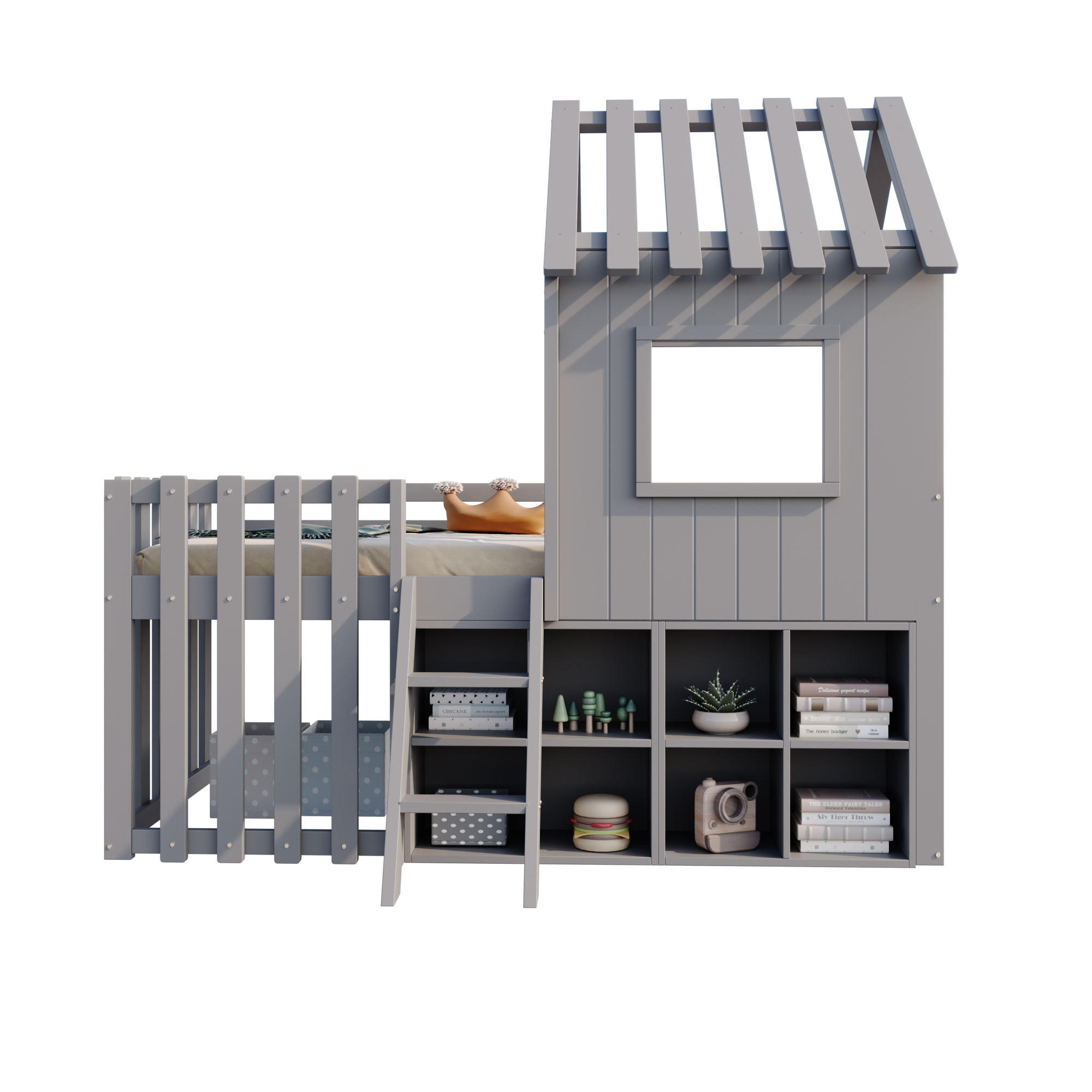 HAUSBETT 90/200 cm Grau Spielhaus mit Stauraum aus Massivholz - Grau, Holz (90/200cm) - OKWISH