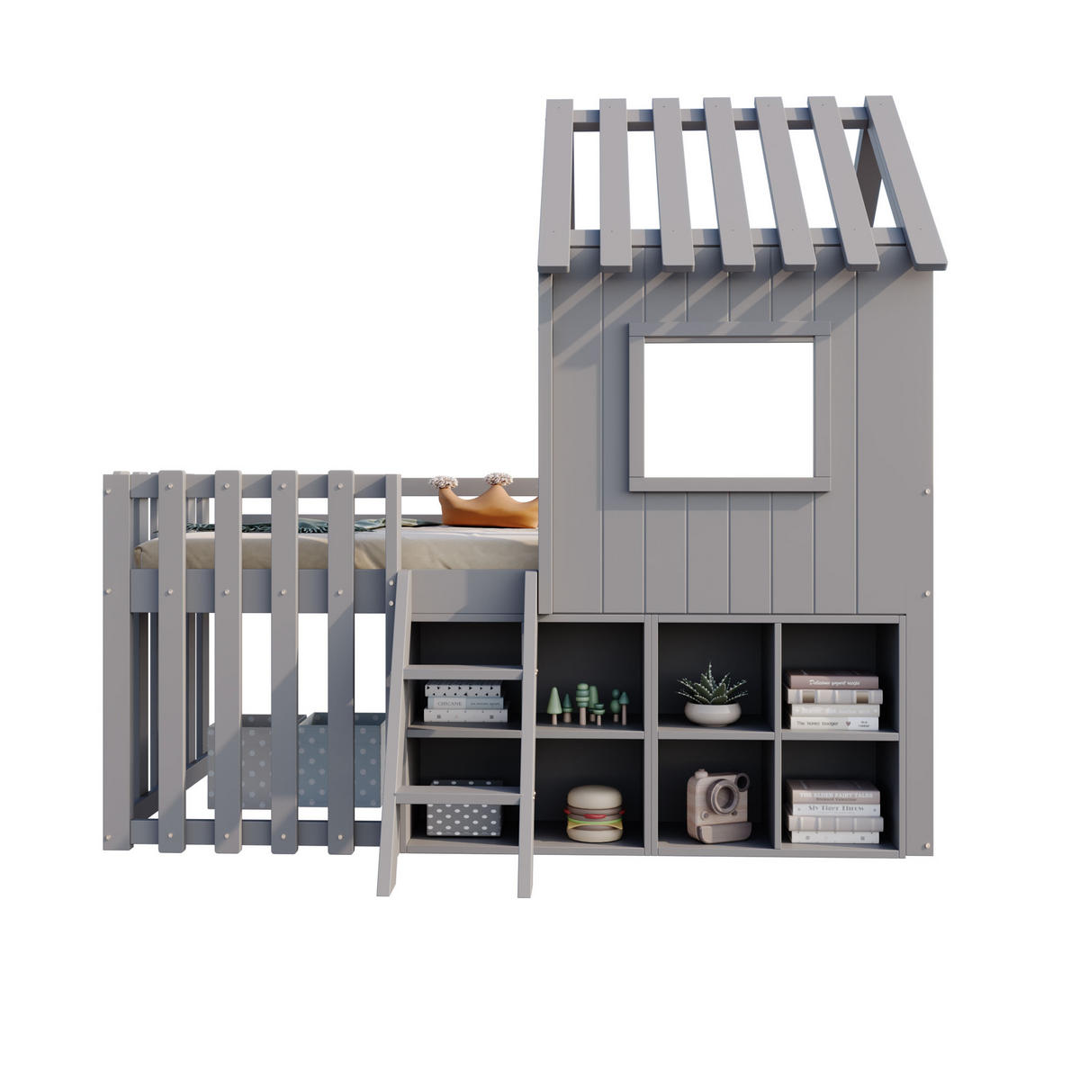 HAUSBETT 90/200 cm Grau Spielhaus mit Stauraum aus Massivholz - Grau, Holz (90/200cm) - OKWISH