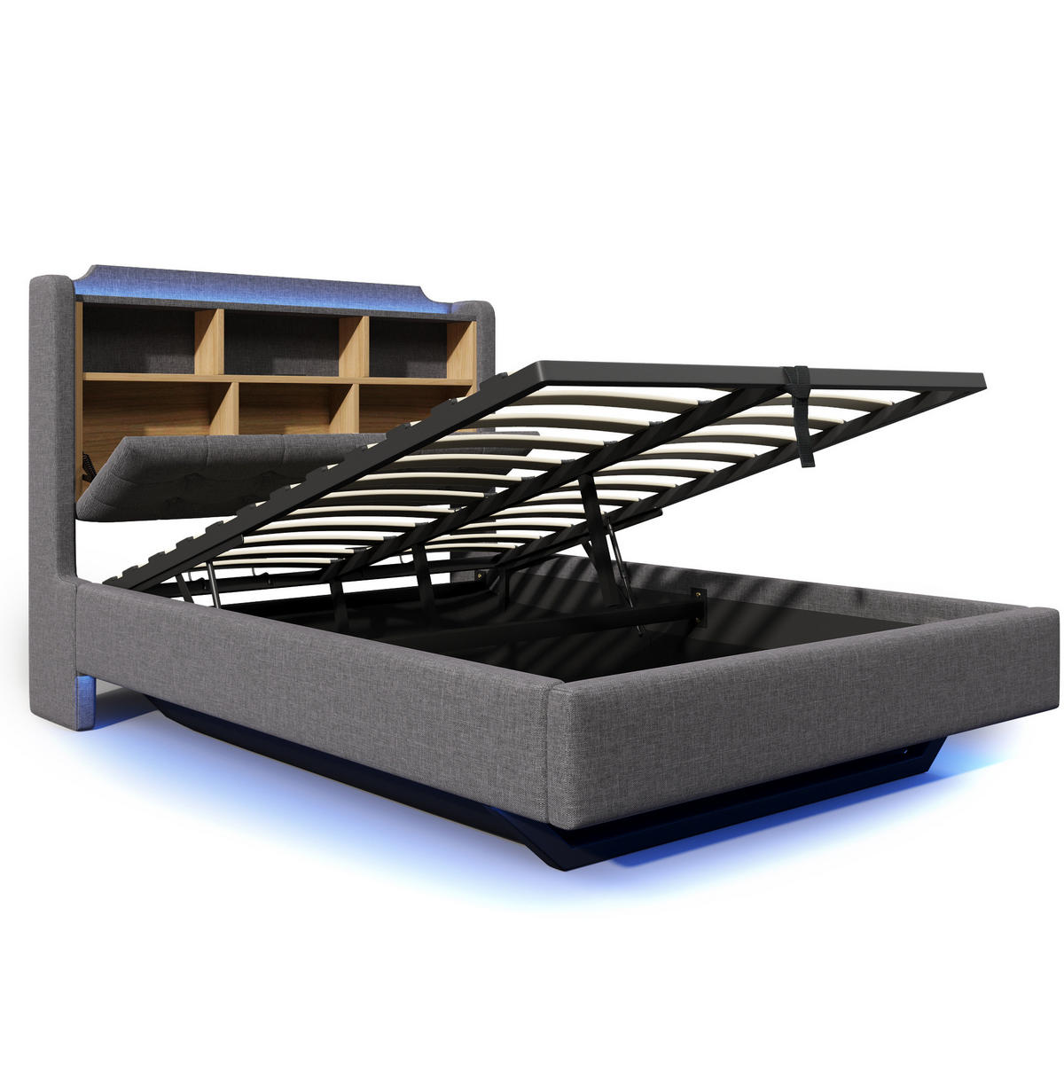 POLSTERBETT 140/200 cm mit LED-Beleuchtung, USB- und Typ-C-Anschlüssen, Bettkasten und Staufächern, Leinen, Grau - Grau, Textil (140/200cm) - Redom
