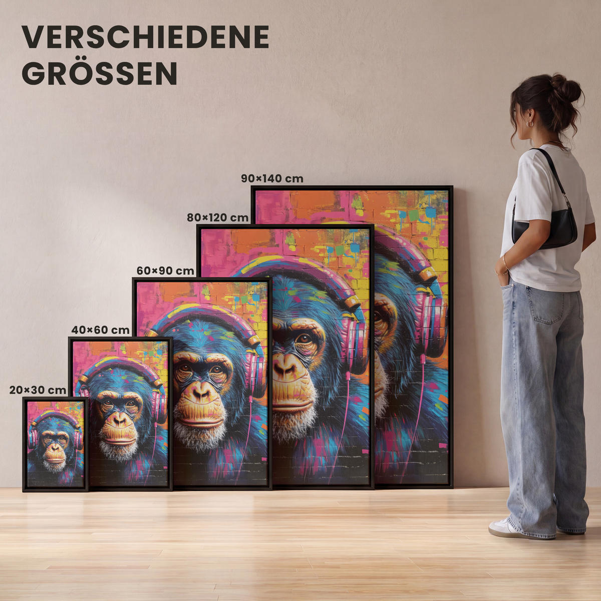 LEINWAND Bilder mit Rahmen - Graffiti - Schimpanse - Straßenkunst - Kopfhörer - Affe - 100x150 - Blau, Textil (100/150cm) - MuchoWow