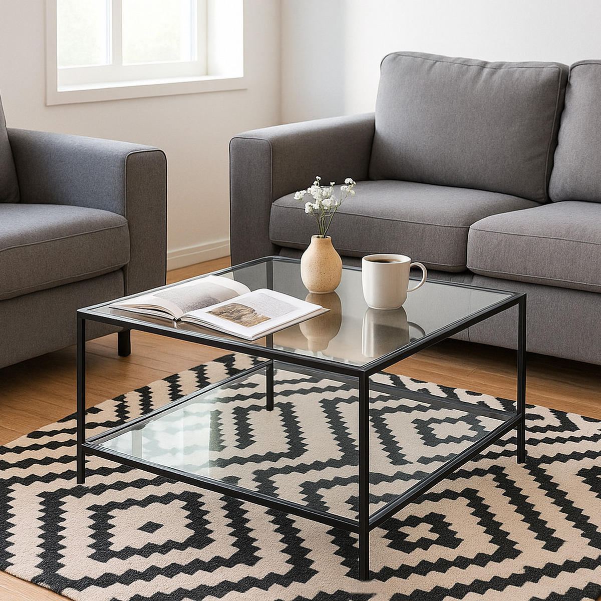 COUCHTISCH Glasplatte kratzfest & Metallgestell stabil 80X80cm - Transparent/Schwarz, Glas/Metall (80/80/42cm) - Urban Meuble