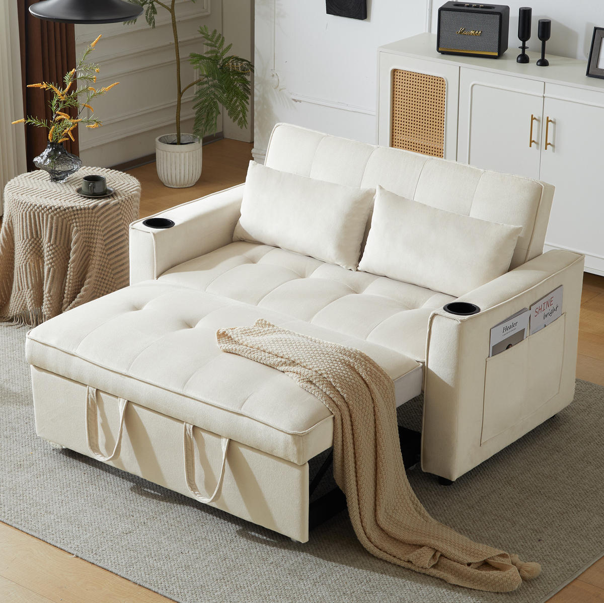 SCHLAFSOFA Multifunktion mit Getränkehalter und 2 Kissen Samt Beige 137/76,5/83 cm - Beige, Textil (137/83/76.5cm) - OKWISH