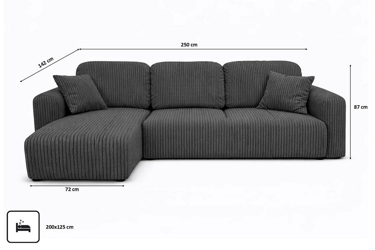 ECKSOFA Mit Schlaffunktion Und Bettkasten, Sofa L-Form Bingo L, Cordstoff Poso, Grau, Links - Grau, Holz (250/142cm) - Kaiser Möbel