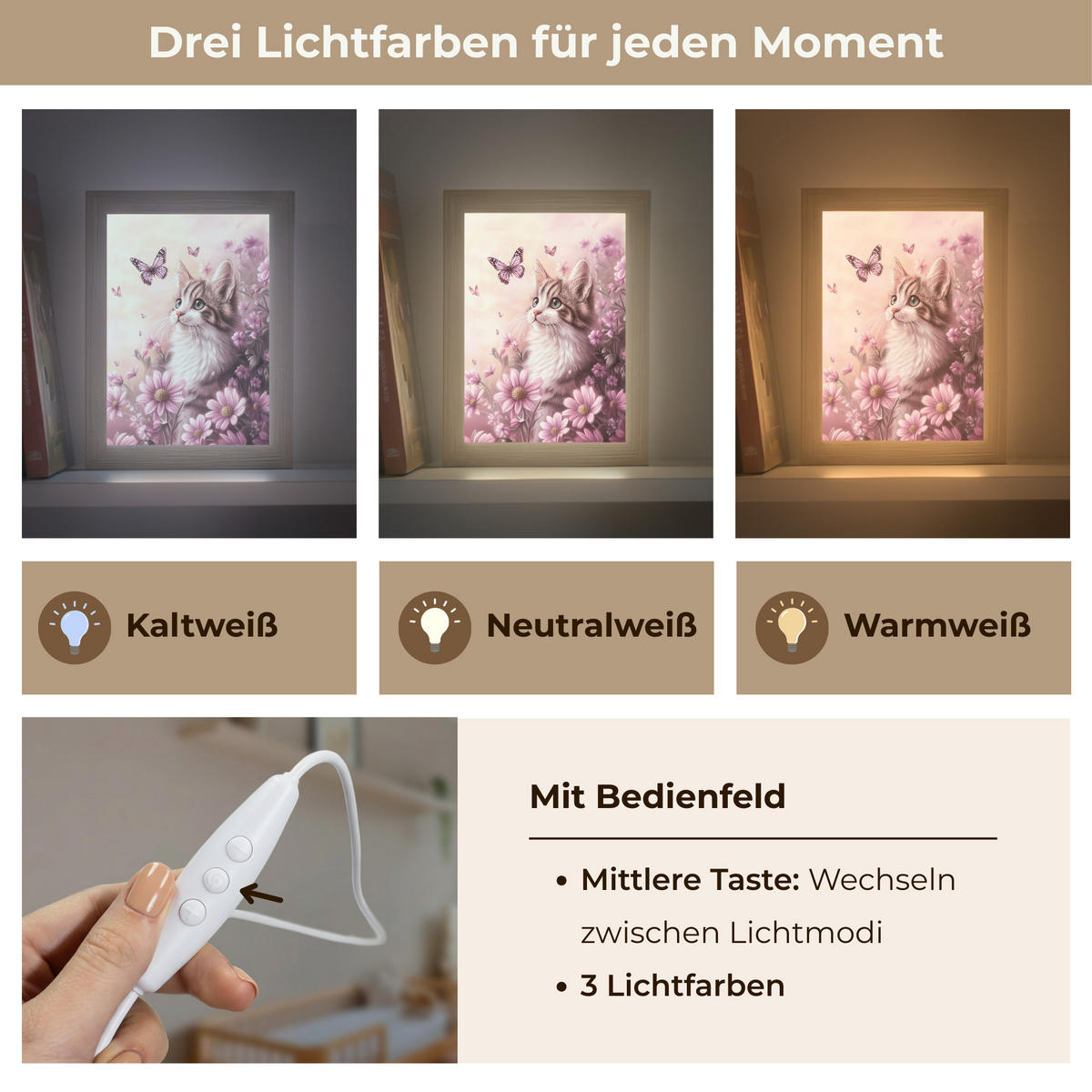 NACHTTISCHLAMPE Kätzchen - Blumen - Schmetterlinge - Lila 15x20 cm - Altrosa, Holzwerkstoff (8/15/20cm)