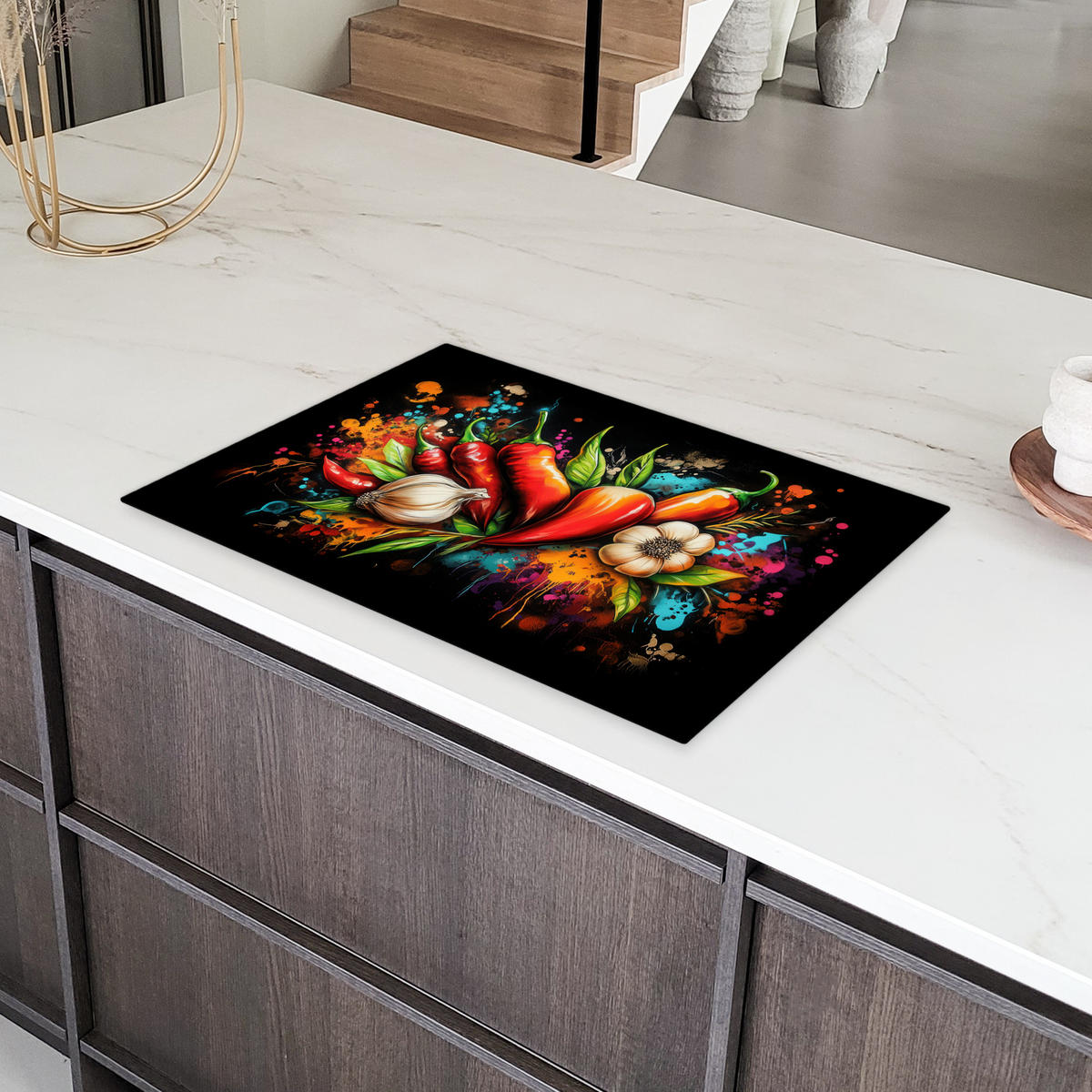 HERDABDECKPLATTE Gemüse - Paprika - Knoblauch - Graffiti - Farbe - Bunt 76x51 cm - Rot, Kunststoff (76/51.5/0.2cm) - MuchoWow