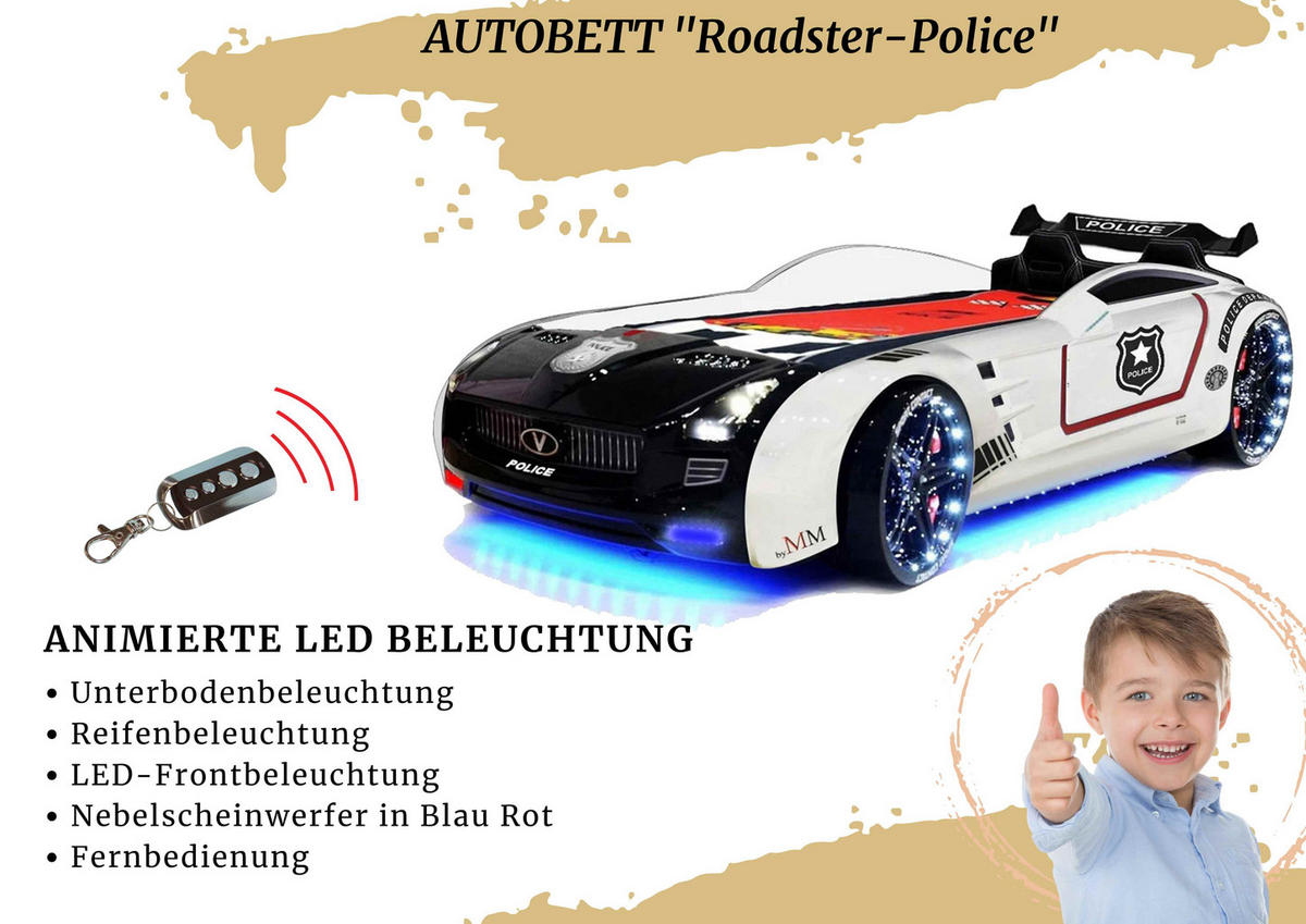 AUTOBETT Roadster Police Kinderbett LED Sound Sportsitze Lattenrost Spoiler - Schwarz/Weiß, Holzwerkstoff/Kunststoff (90/190cm) - Aileenstore