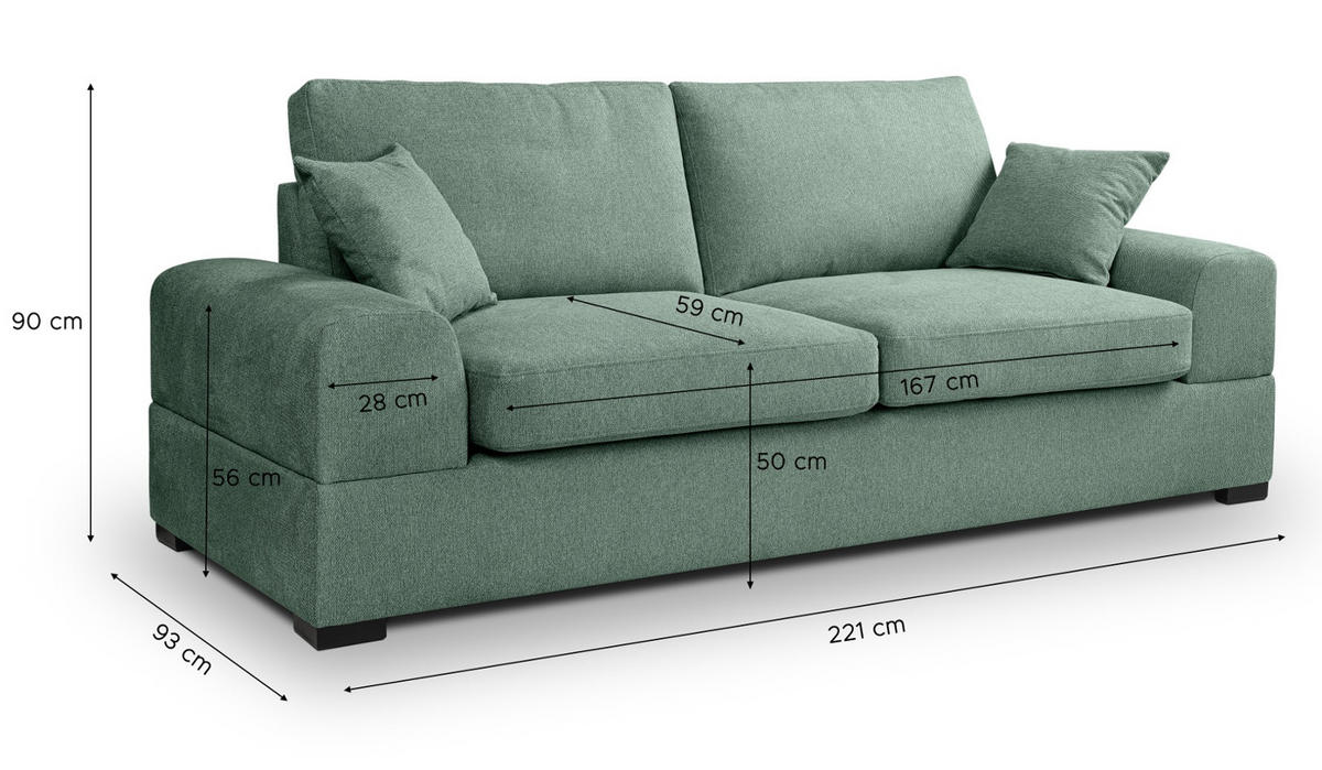 SOFA petrol Strukturstoff, Couch 3-Sitzer 221 cm mit Premium Kaltschaum - Petrol/Schwarz, Holz/Textil (221/90/93cm) - Inn.Furn
