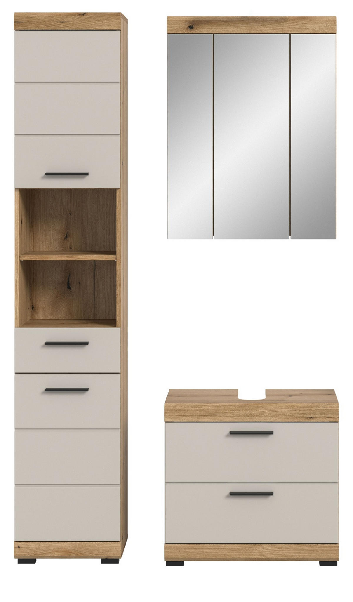 BADMÖBEL Set 3-teilig in Sand Kaschmir und Evoke Eiche Badkombination 112 x 191 cm Shawn - Kaschmir/Eichefarben, Glas/Holzwerkstoff (112/191/34cm) - Inn.Furn