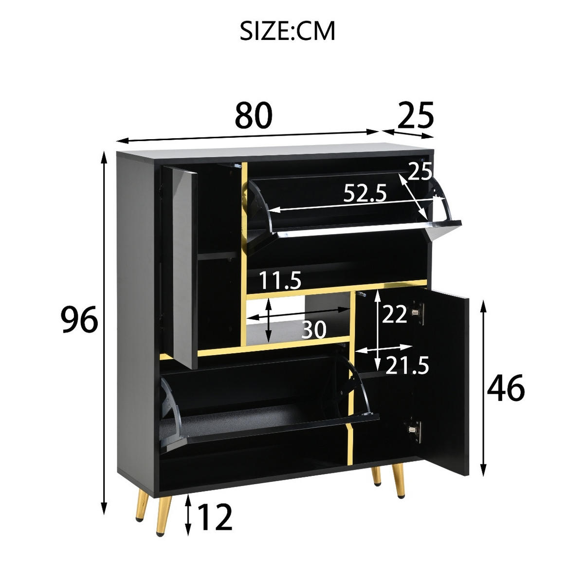 SCHUHSCHRANK 80/25/96 cm in Schwarz mit Hochglanzfront und LED-Beleuchtung - Schwarz, Holzwerkstoff (80/96/25cm) - Flora Grace