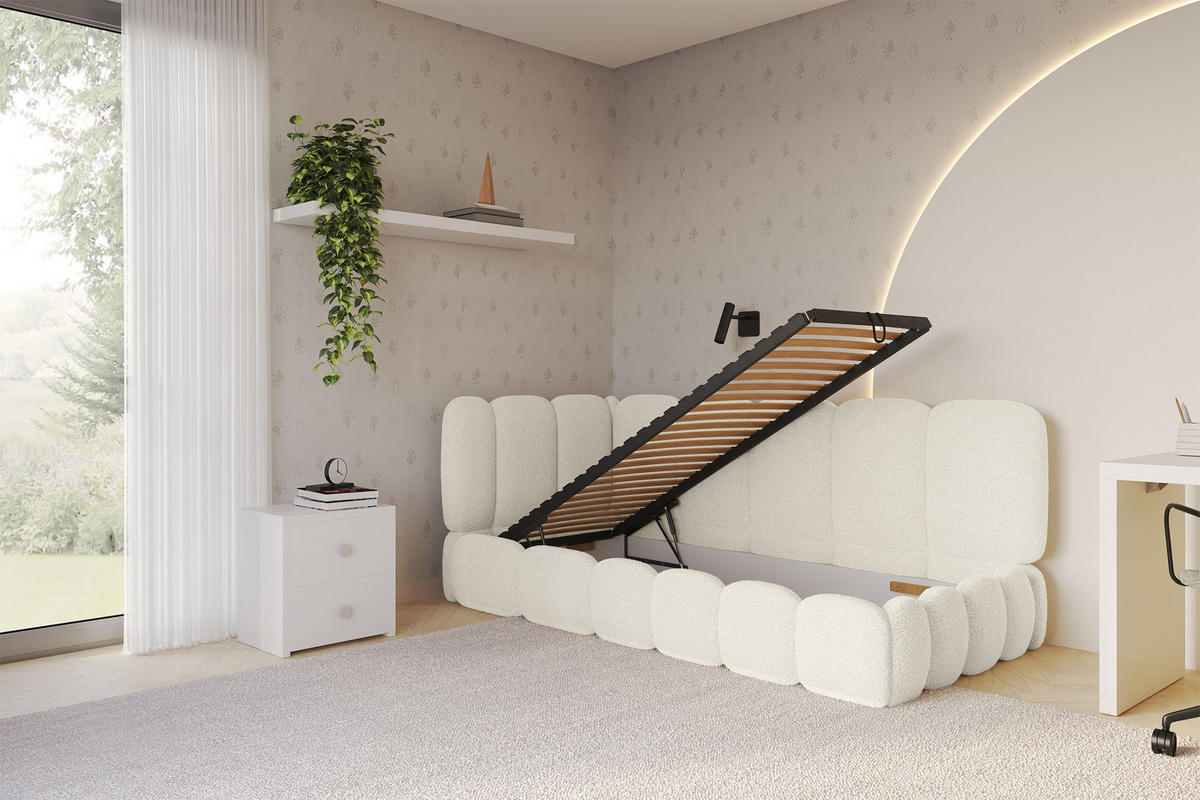 EINZELLBETT Jugendbett mit Bettkasten und Matratze H3/H4, Rechts - AVRY 80x200 Beige - Perlmutt, Holzwerkstoff/Textil (80/200cm) - ALTDECOR