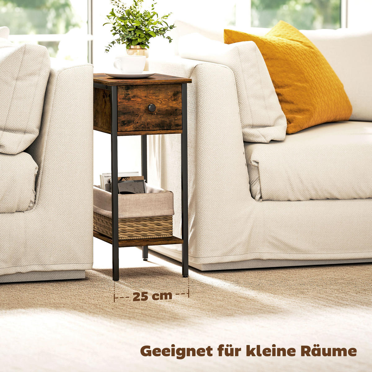 BEISTELLTISCH mit offenem Fach und Schublade, Nachttisch, Metallbeine, Holz, Braun - Wildeiche, Holzwerkstoff (39.8/25/58.2cm)