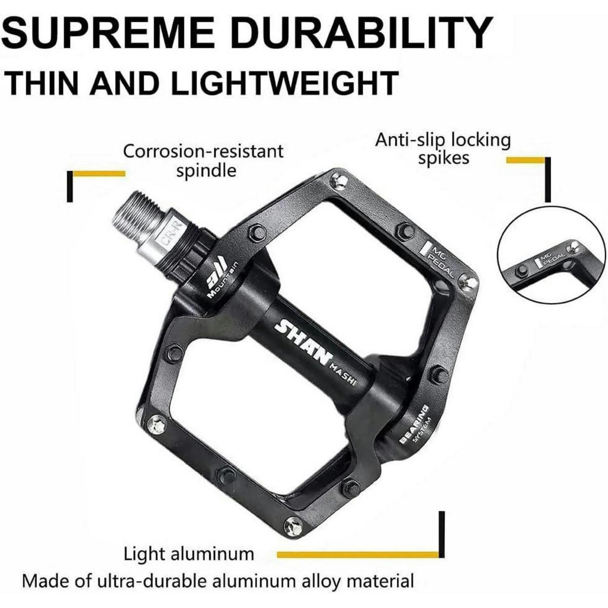 FAHRRADPEDALE Mountainbike-Pedale Aluminium-Legierung 9/16 Zoll Sealed Bearing Anti-Rutsch Schwarz - Schwarz, Metall (9/2.7/10.2cm)