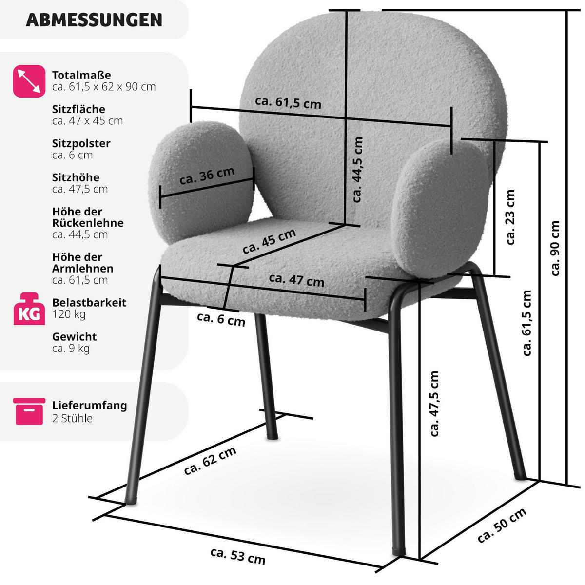 STUHL 2er Set Scandi Belastbarkeit 120 kg 61 5 x 62 x 90 - Hellgrau, Kunststoff (62/90/61.5cm) - tectake