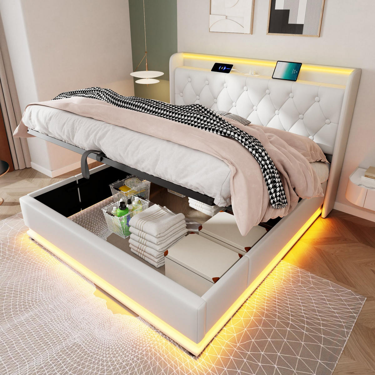 POLSTERBETT mit LED und Stauraum 140x200 cm PU Weiß - Weiß, Metall (140/200cm) - Meubliv