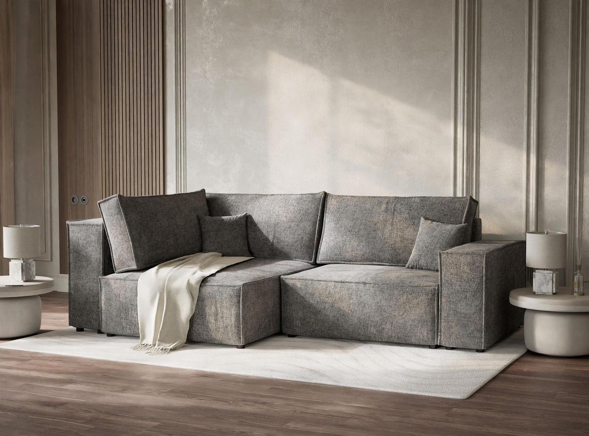 ECKSOFA MIT SCHLAFFUNKTION Tonga Grau Chenille-Stoff - Schwarz/Grau, Holz/Holzwerkstoff (105/253cm) - Maison de Reve