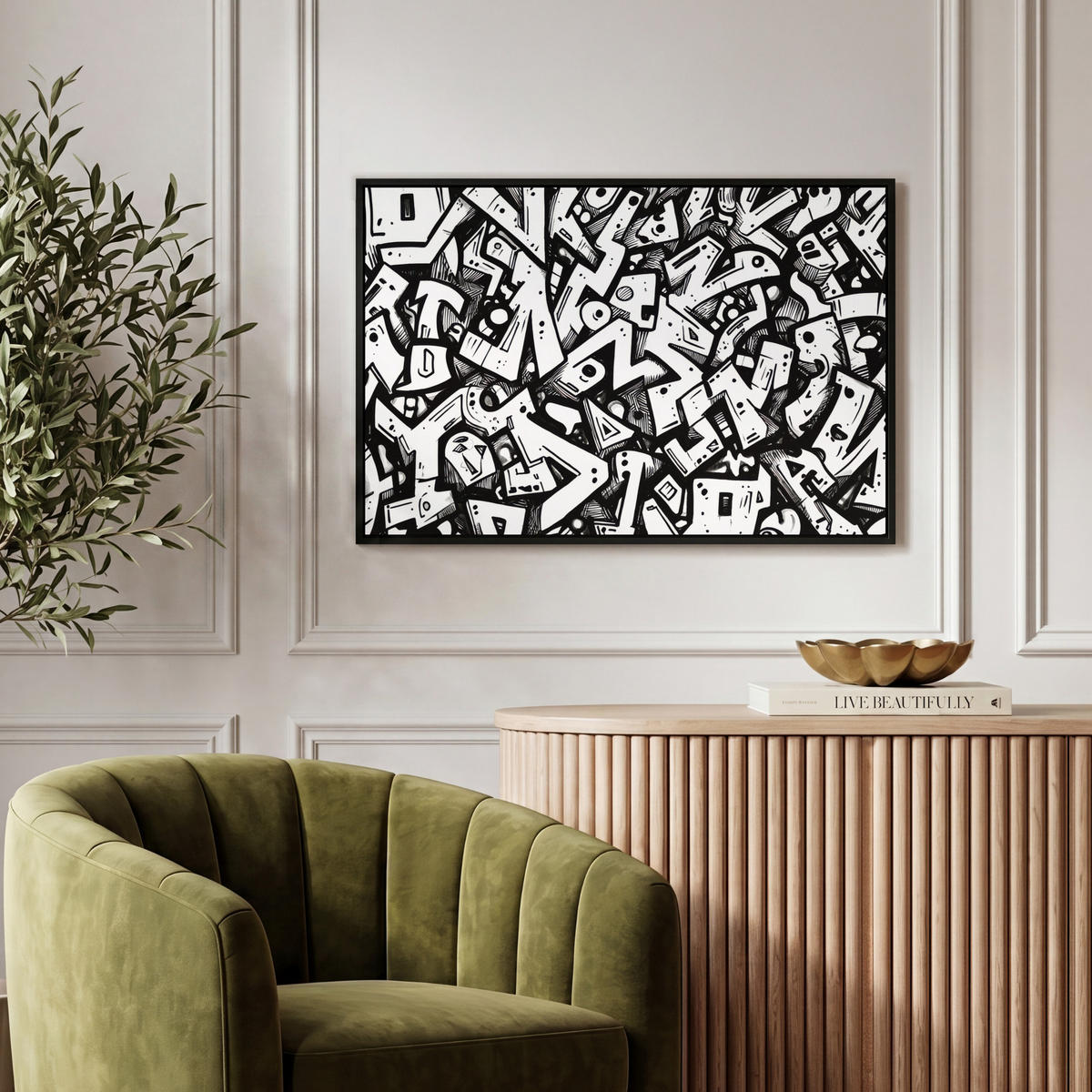 LEINWAND Bilder mit Rahmen - Formen - Buchstaben - Graffiti - Schwarz - 60x40 - Schwarz, Textil (60/40cm) - MuchoWow