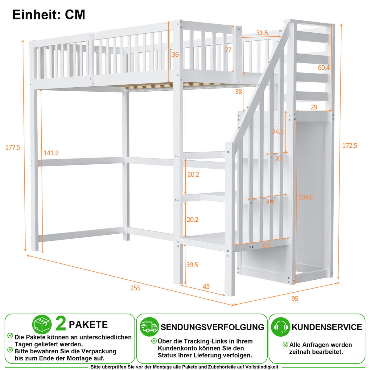 VYSOKÁ POSTEL 90/200 cm v bílé barvě se schody, policí a skříní - bílá, dřevo/kompozitní dřevo (90/200cm) - CHICFURN