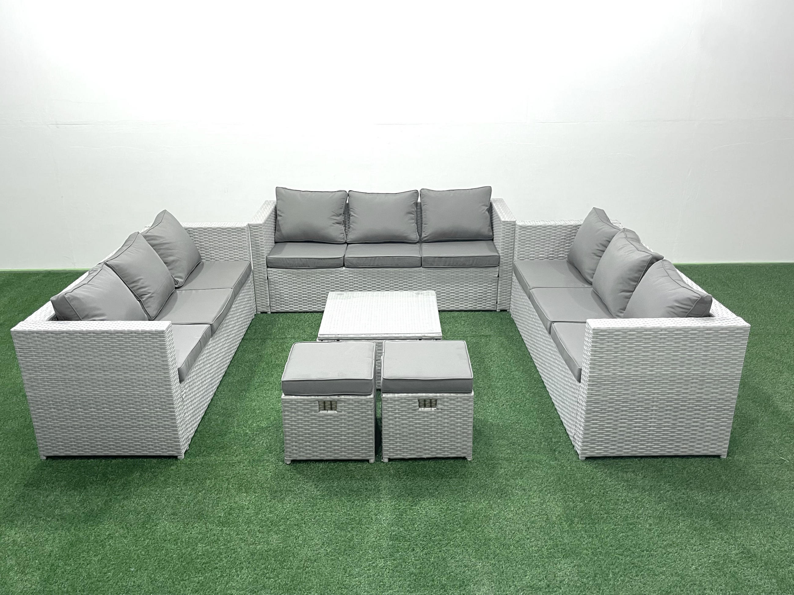 GARTENMÖBELSET mit 3-SITZER SOFA,COUCHTISCH Polyrattan Hellgrau-Mix 11-Sitzer - Hellgrau/Grau, Glas/Kunststoff - Fimous