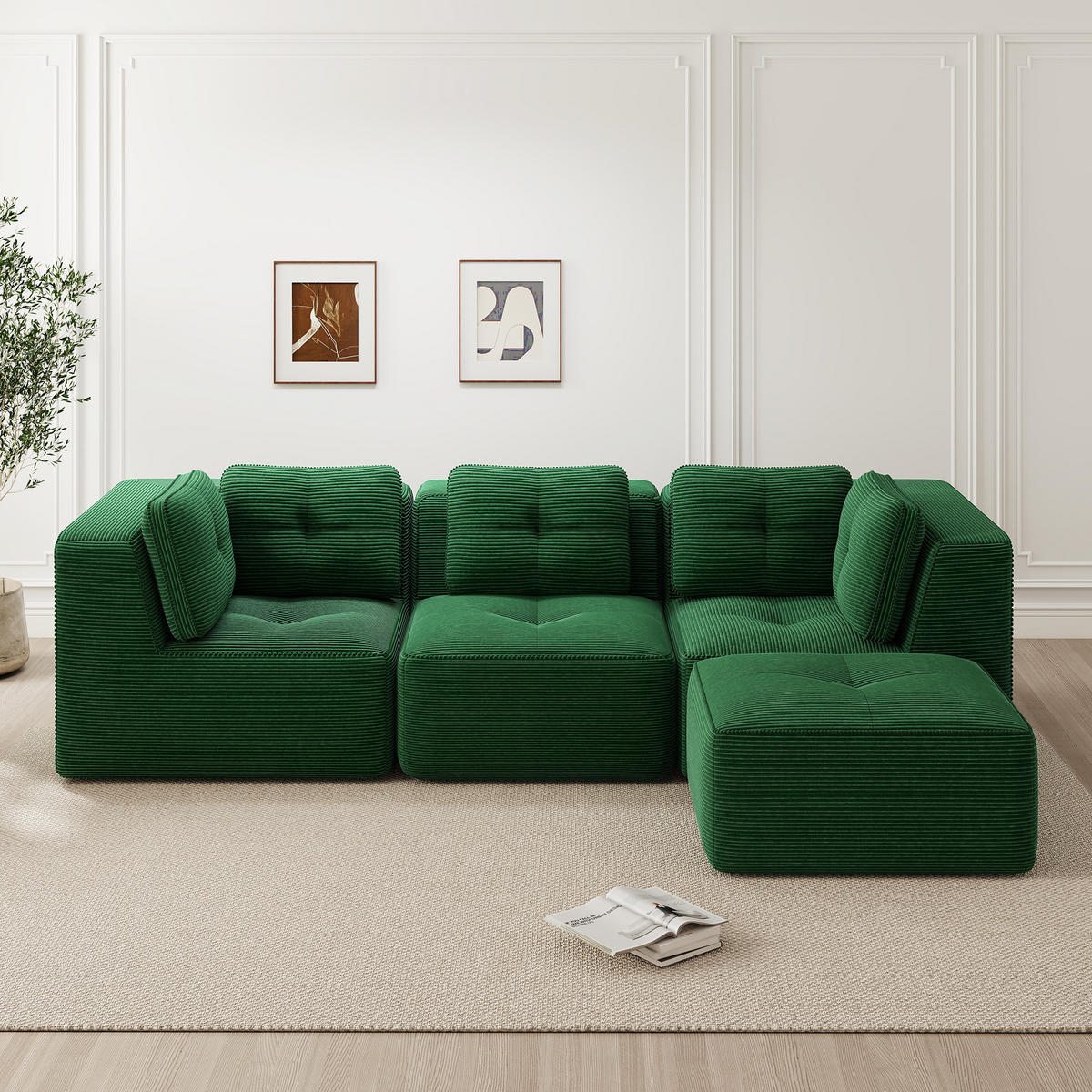 3-SITZER Sofa 297x177x69 cm aus Cordstoff rahmenlos modular mit Ottoman, grün - Grün, Textil (177/69/297cm)