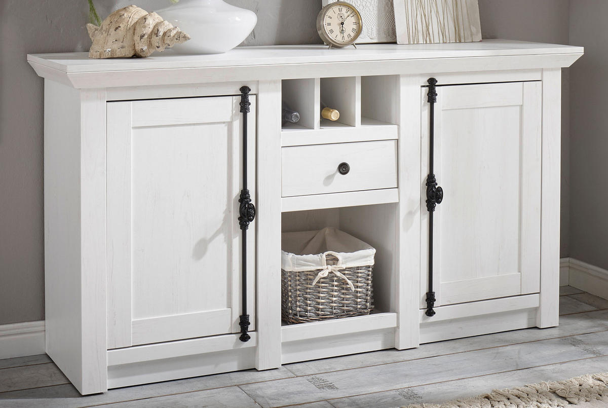 SIDEBOARD weiß Pinie Landhaus, Kommode mit Weinregal 152 x 83 cm - Anthrazit/Weiß, Holzwerkstoff/Metall (152/83/45cm) - Furn.Design