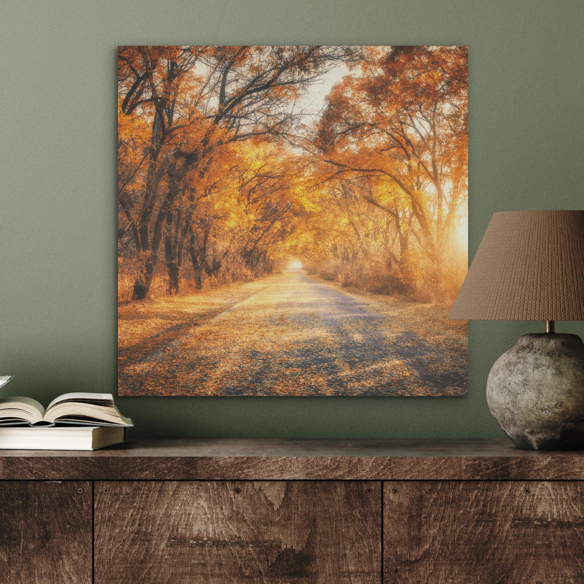 AKUSTIKBILD Wald - Herbst - Bäume - Waldweg - Natur Wandbilder 60x60 cm - Bernsteinfarben, Kunststoff (60/60/0.9cm) - MuchoWow