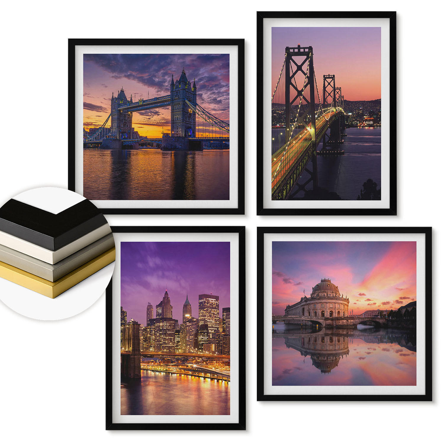 WANDBILDER 4er-Set - 50x50 cm & 40x60 cm Schwarzer Rahmen - Brücken, Sonne, Stadtblick - Schwarz, Kunststoff (50/50cm) - ArtPrintCave