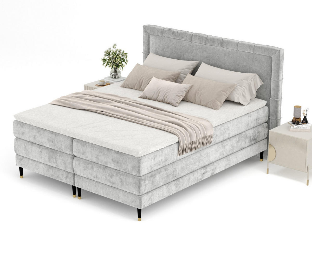 BOXSPRINGBETT Rimini Hellgrau 180/200 cm mit Matratze und Topper - Hellgrau/Schwarz, Holz/Holzwerkstoff (180/200cm) - Maison de Reve