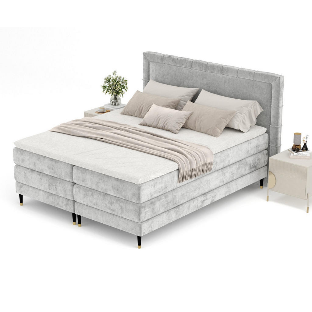 Thumbnail - Maison de Reve Boxspringbett, Hellgrau, Textil, Buche, Kiefer, H3, Höhe ca. 36 cm, 180x200 cm, Oeko-Tex® Standard 100, F...