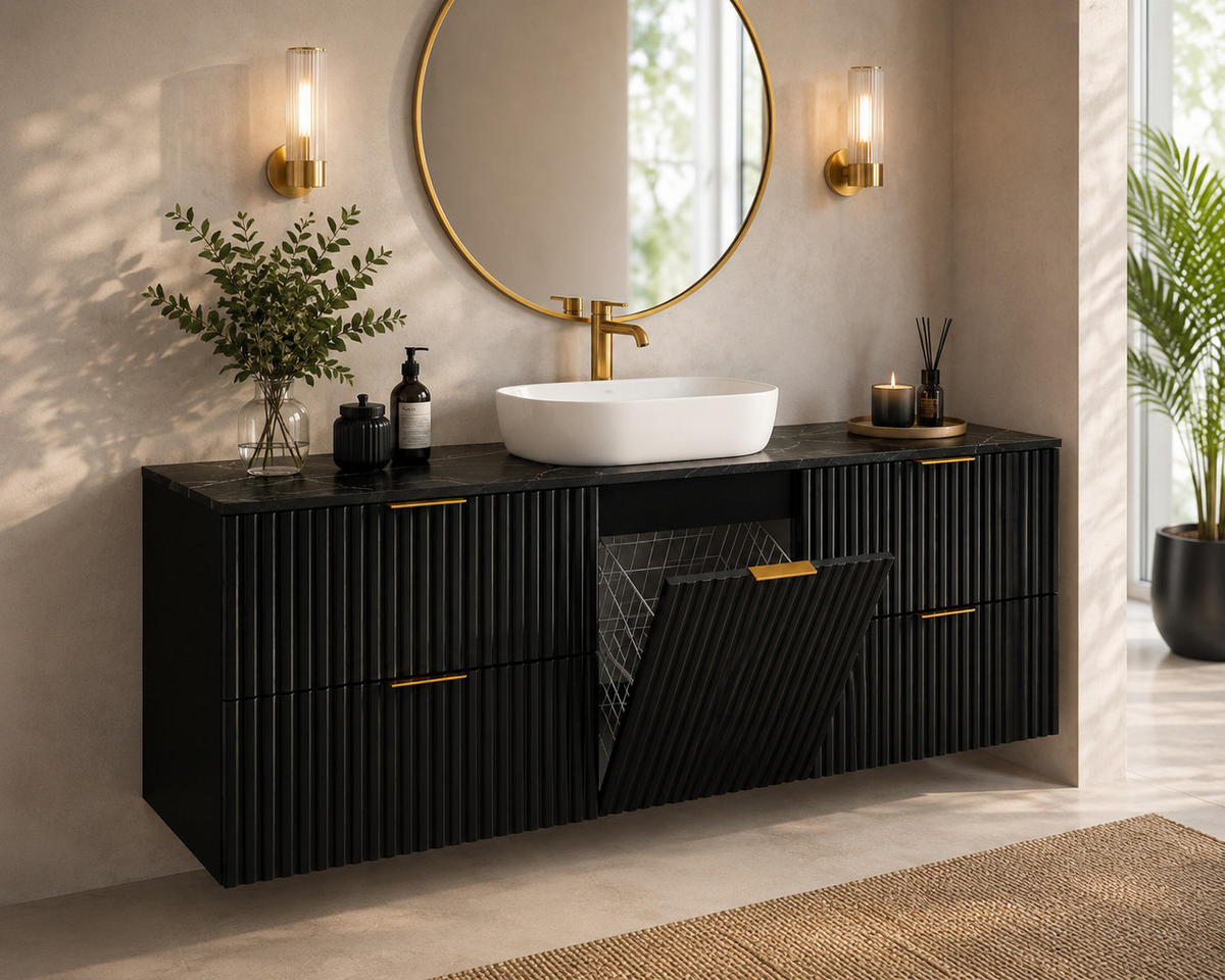 BADMÖBEL-SET MIT WÄSCHEKORB: Schwarz / Platte Marmor Black Royal, Griffe Gold, 160 x 46 x 57 cm - Creme/Schwarz, Holzwerkstoff (160/57/46cm) - 3XE LIVING