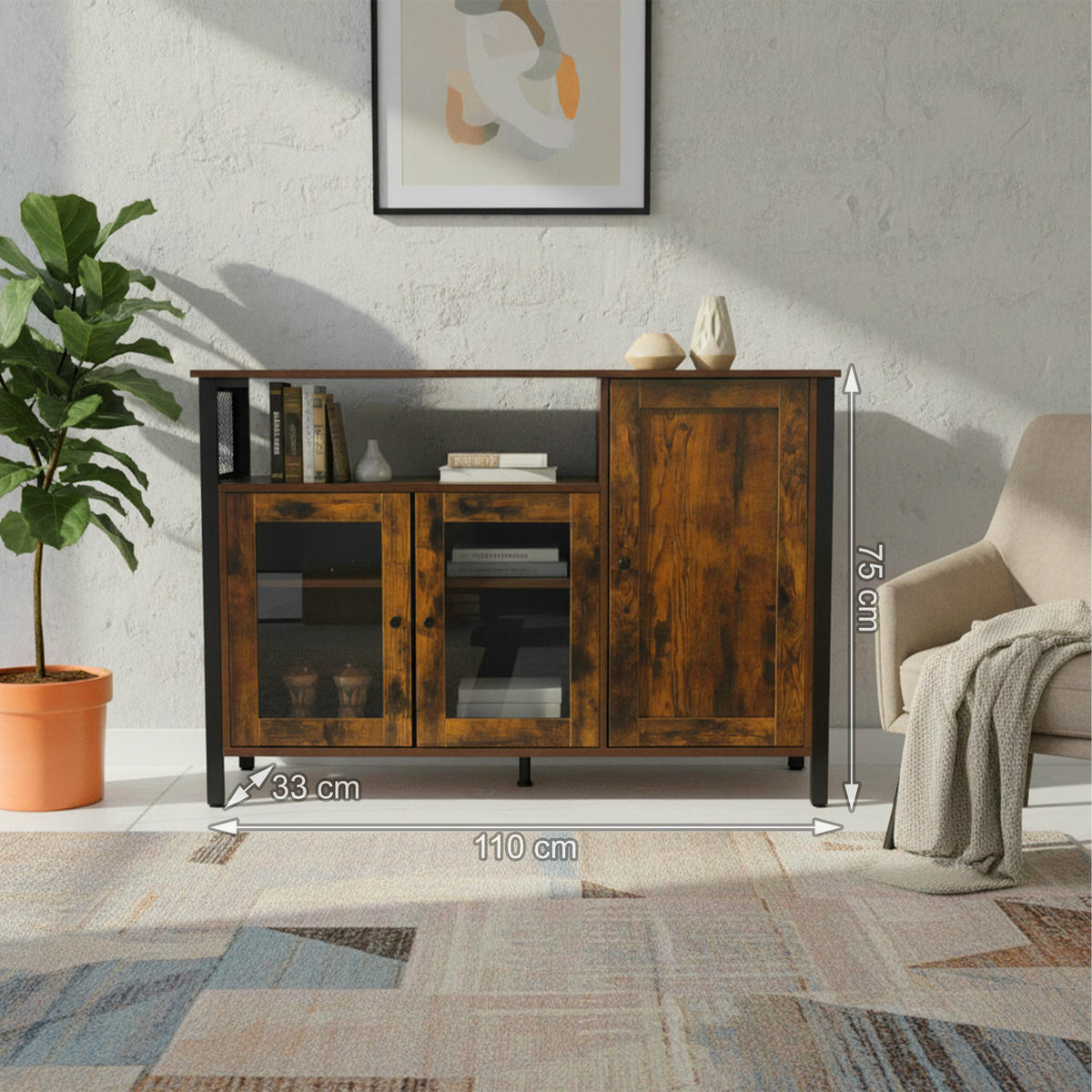 KÜCHENSCHRANK - Dunkelbraun/Schwarz, Glas/Holzwerkstoff (110/75/33cm) - Relaxdays