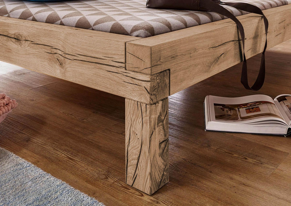 BALKENBETT Wildeiche 160x200 bianco geölt JANGALI #211 - Beige, Holz (160/200cm) - Massivmoebel24