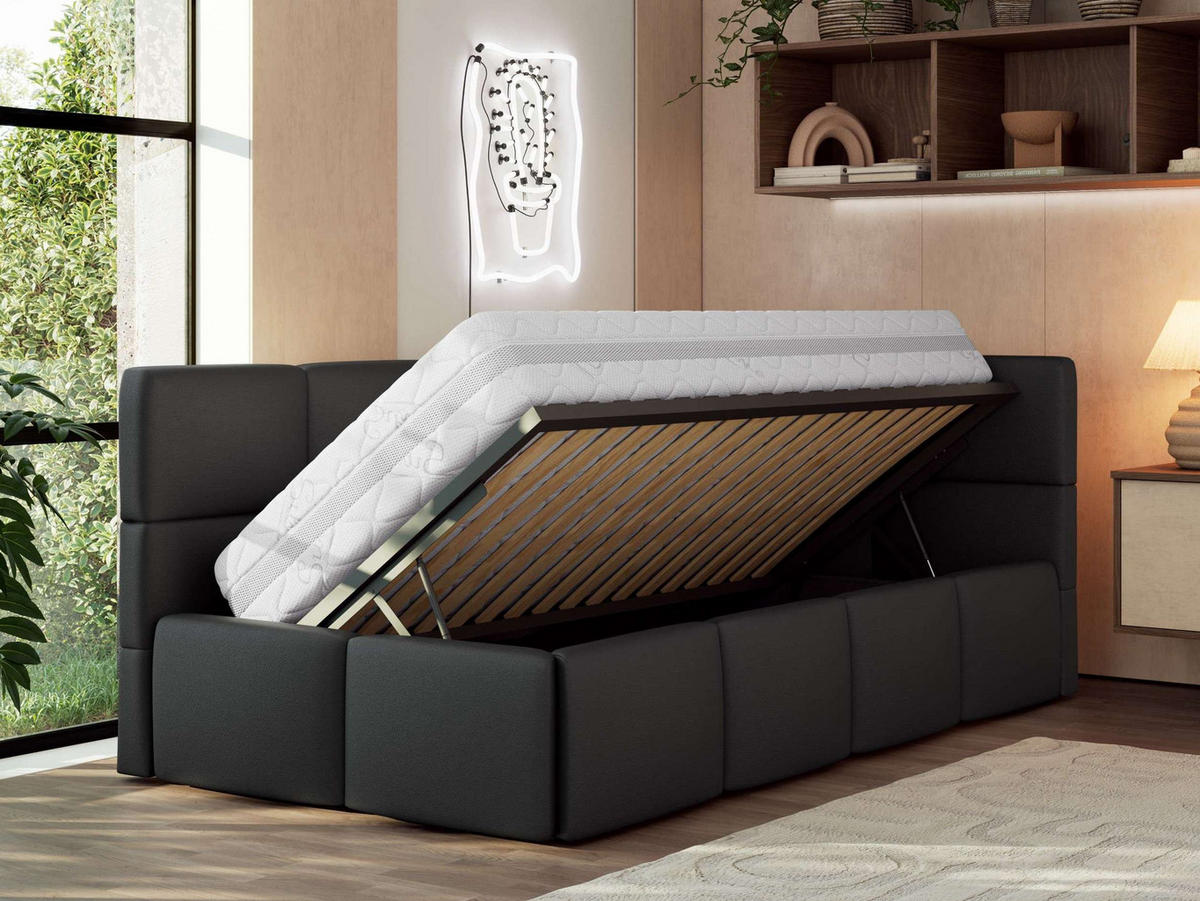 JUGENDBETT ARVO 90/200 - Schwarz Kunstleder - Pocket-Matratze - Rechts Seite - Schwarz, Textil (90/200cm) - MKS