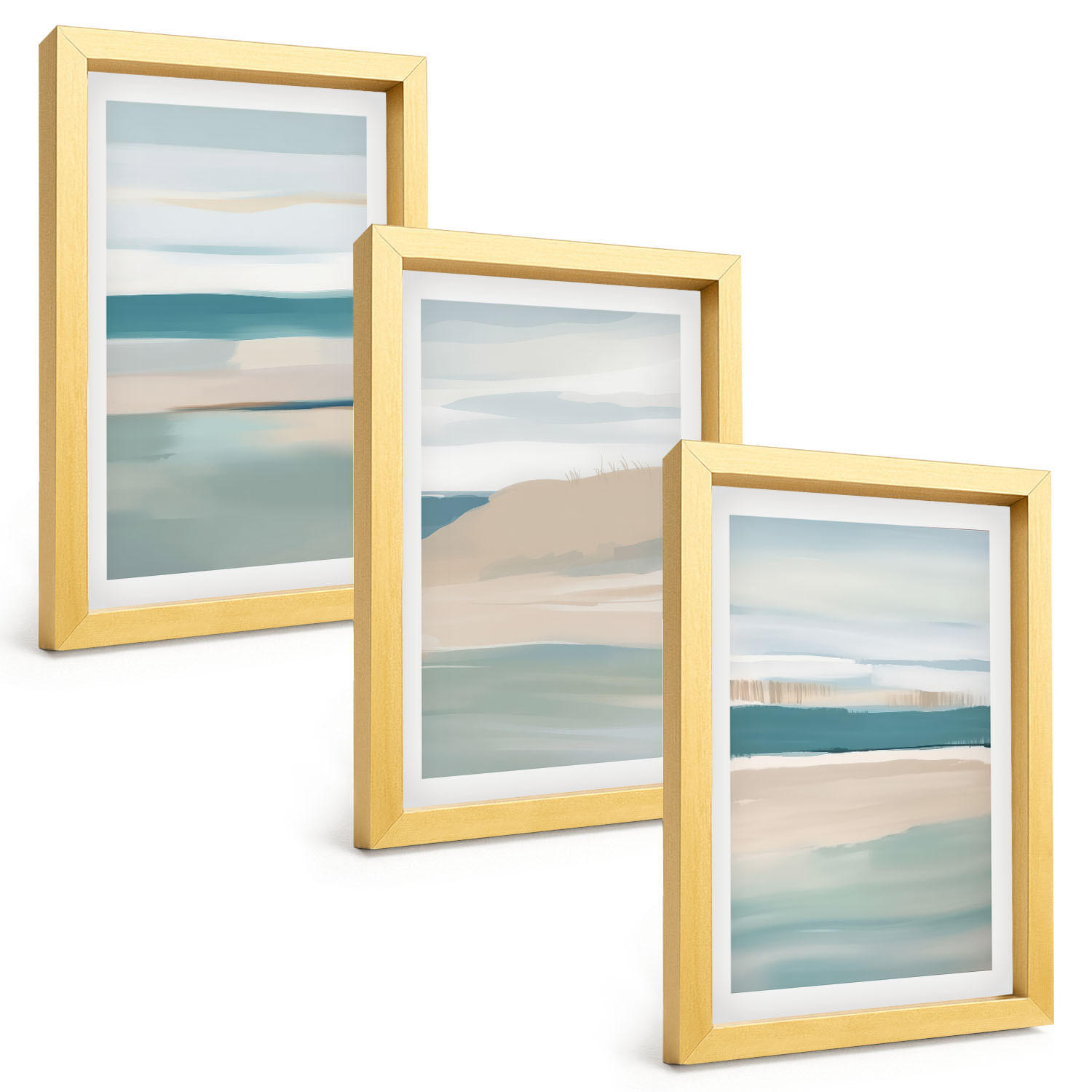 BILDER SET 3er Set - 20x30 cm Goldrahmen - Abstrakte blaue Landschaften - Goldfarben, Kunststoff (20/30cm) - TULUP