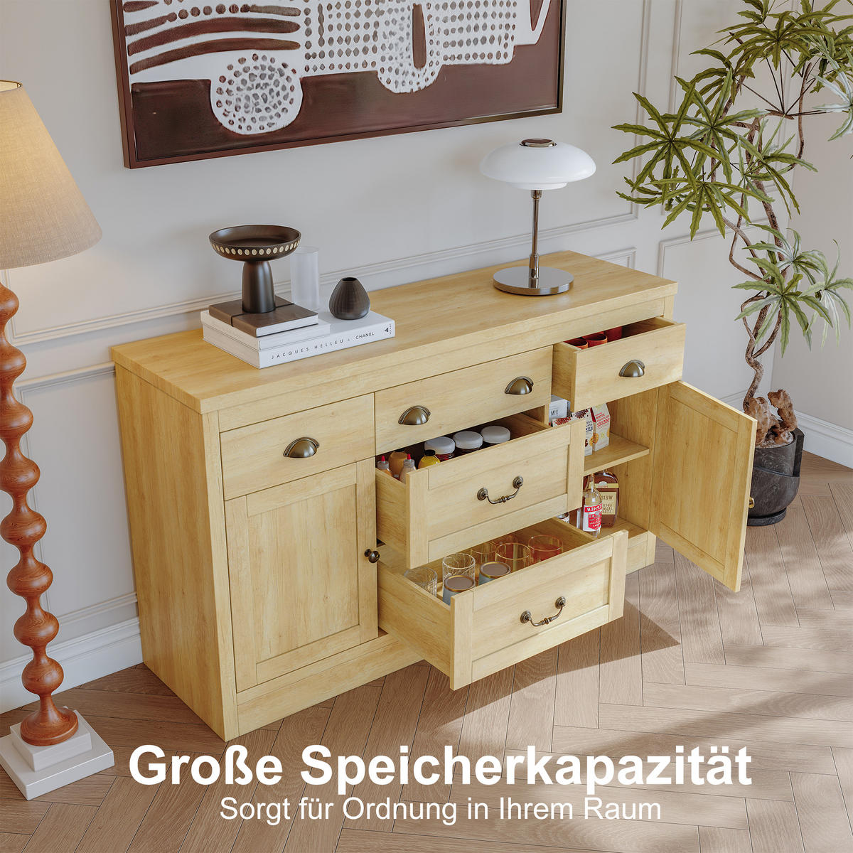 SIDEBOARD Holz Natur 5 Schubladen 2 Türen Buffetschrank - Naturfarben, Holz/Metall (40/80/135cm) - PARAFTA HOME
