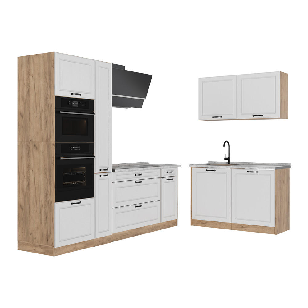 ROHOVÁ KUCHYŇA R-Line, Biely vidiecky dom/Dub Goldkraft, 230 x 120 cm Marmori työtaso - biela/dub medový, kompozitné drevo (230/206.8/60cm) - Vicco