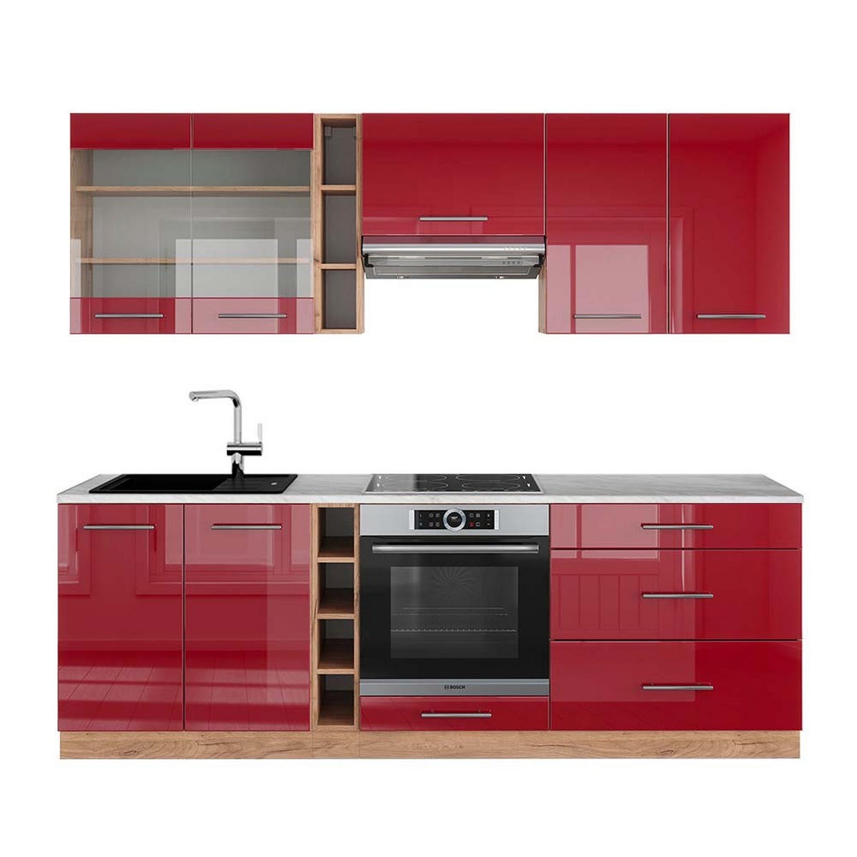KÜCHENZEILE Fame-Line Bordeaux Hochglanz/Goldkraft Eiche 235 cm AP Marmor - Honigeiche/Bordeaux, Holzwerkstoff (235/81.6/60cm) - Vicco