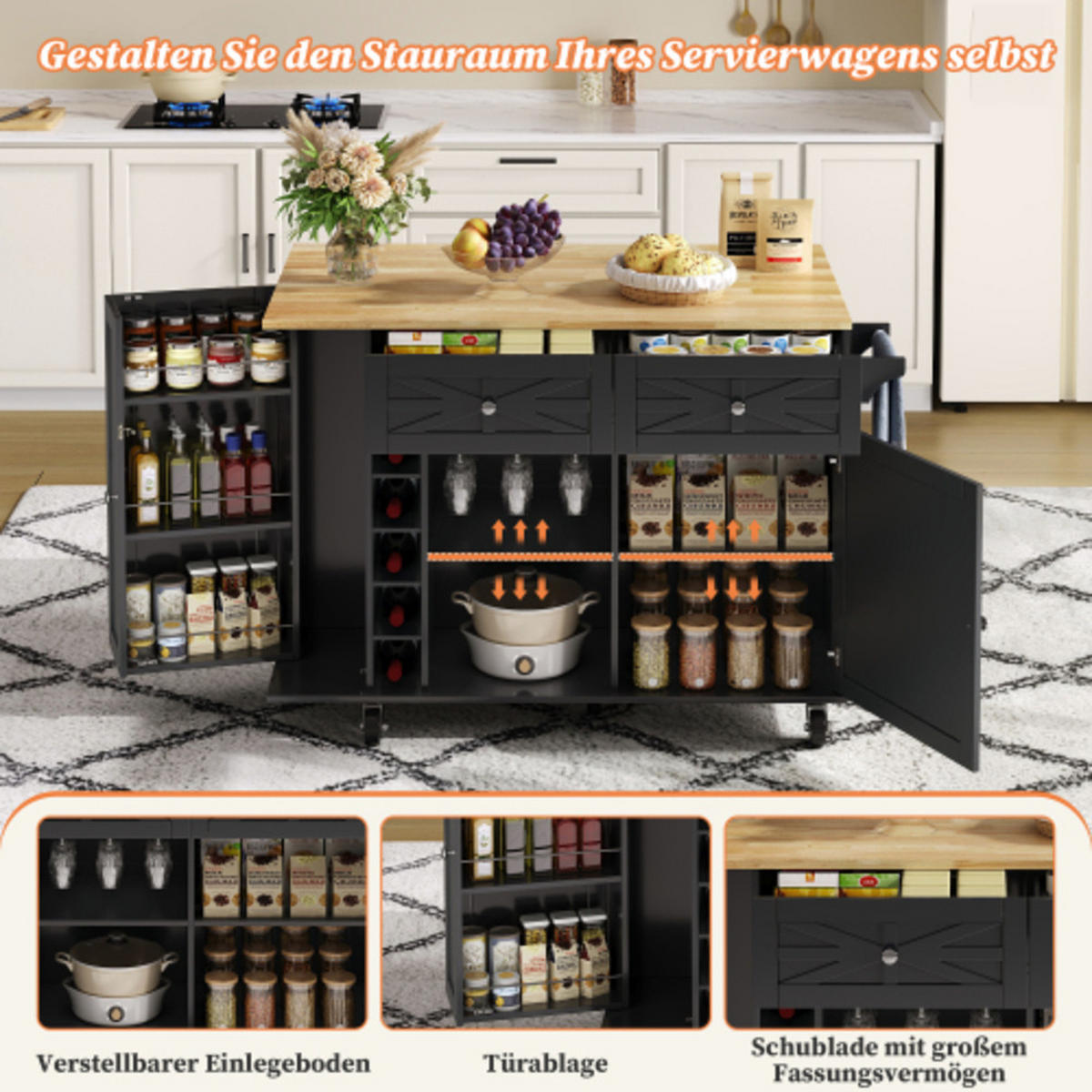 KÜCHENINSEL Schwarz aus MDF mit klappbarer Erweiterungsplatte und Laufrollen 120 × 45(70) × 89 cm - Schwarz, Holzwerkstoff (120/89/70cm) - Luhomfu