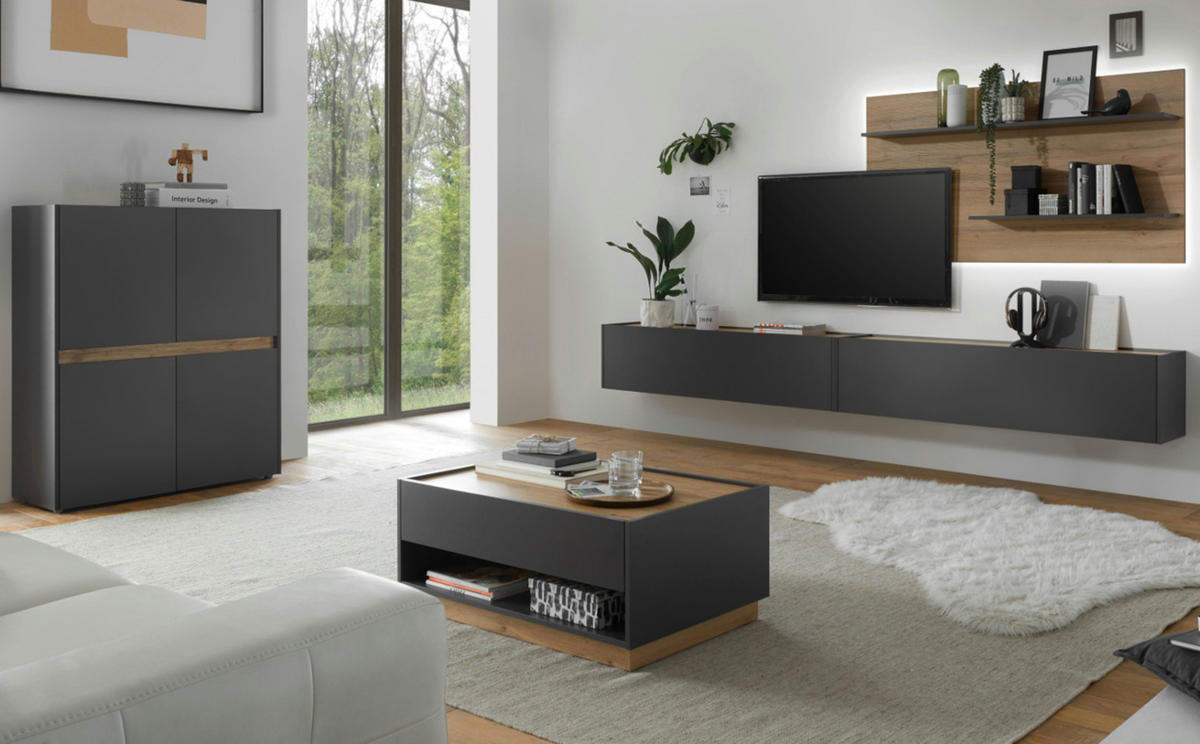 WOHNWAND grau matt, Eiche Wotan 3-teilig 300 cm, Schrankwand hängend - Eiche Wotan/Grau, Holzwerkstoff/Metall (300/180/30cm) - Furn.Design