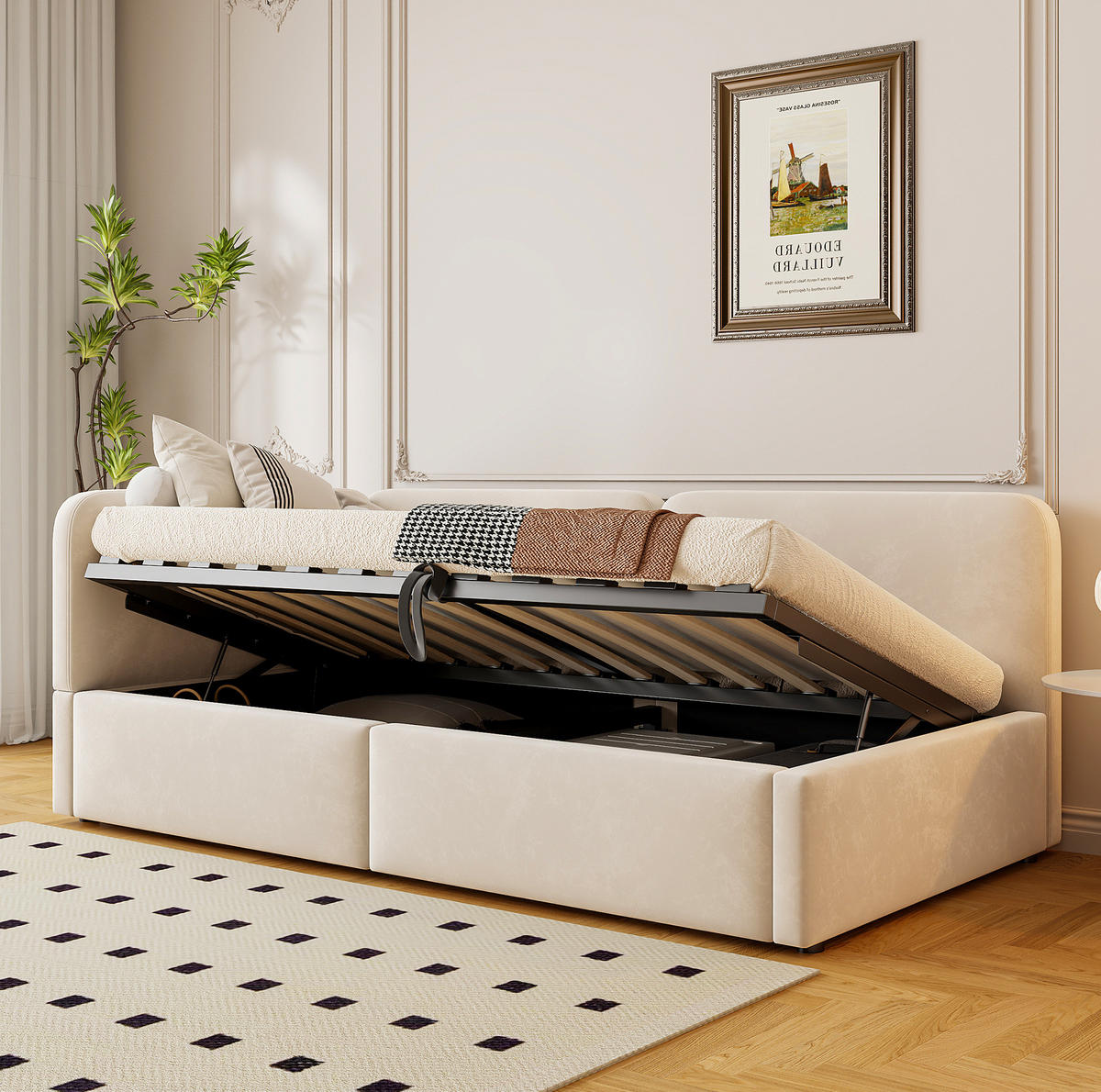 90 x 200 cm Samt-Schlafsofa mit hydraulischem Stauraum, hohem Kopfteil, austauschbarer Rückenlehne, platzsparendes Bett , Beige - Beige, Textil/Metall (90/200cm) - Modenvie