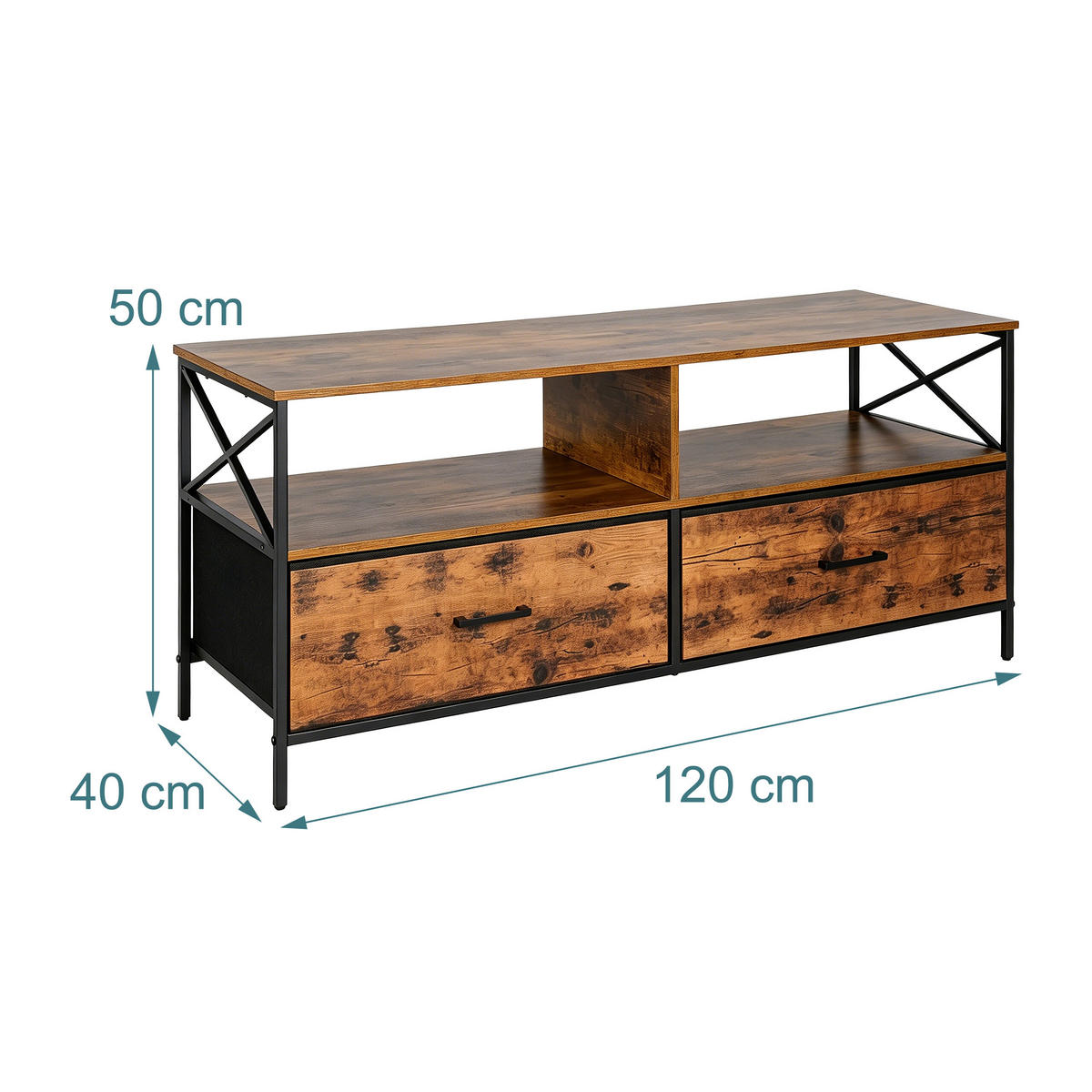 TV-LOWBOARD Industrial-Schwarz Stoffschubladen 120 cm - Braun, Holzwerkstoff/Textil (120/50/40cm) - Relaxdays
