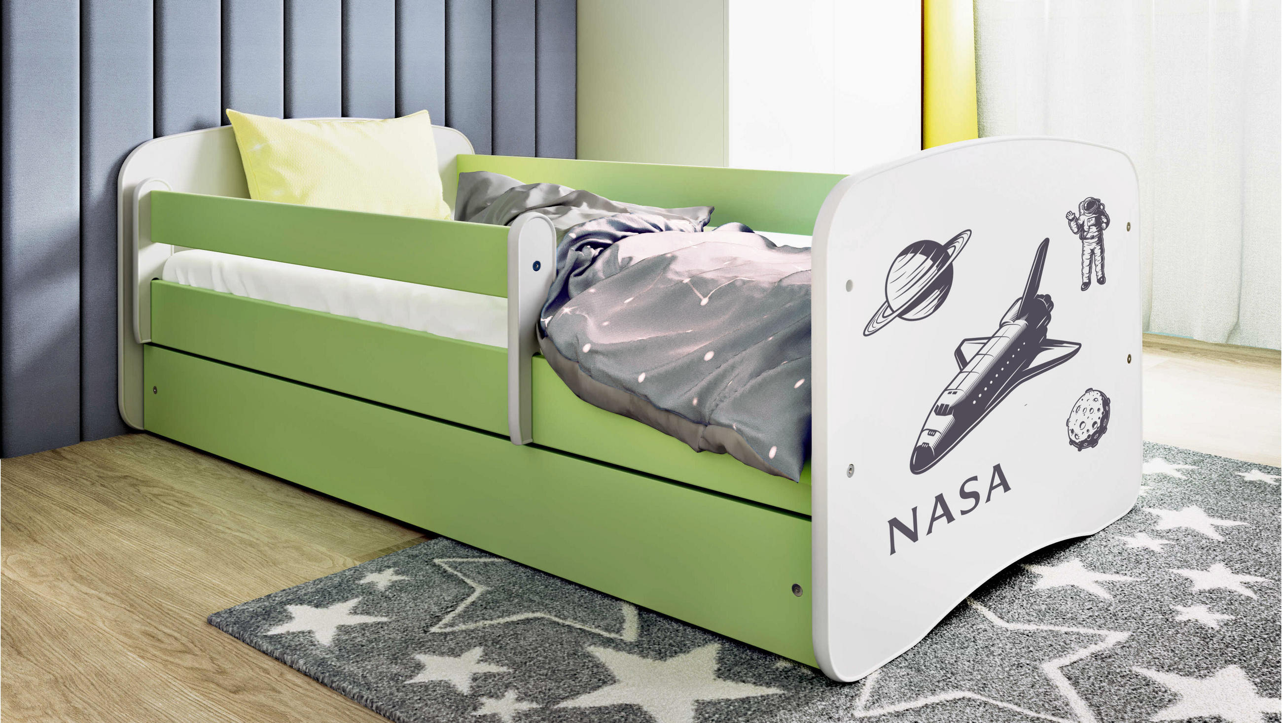 KINDERBETT NASA mit Schublade 140/70 80/61/144 - Grün, Holzwerkstoff (70/140cm) - RAUMHIRSCH FURNITURE