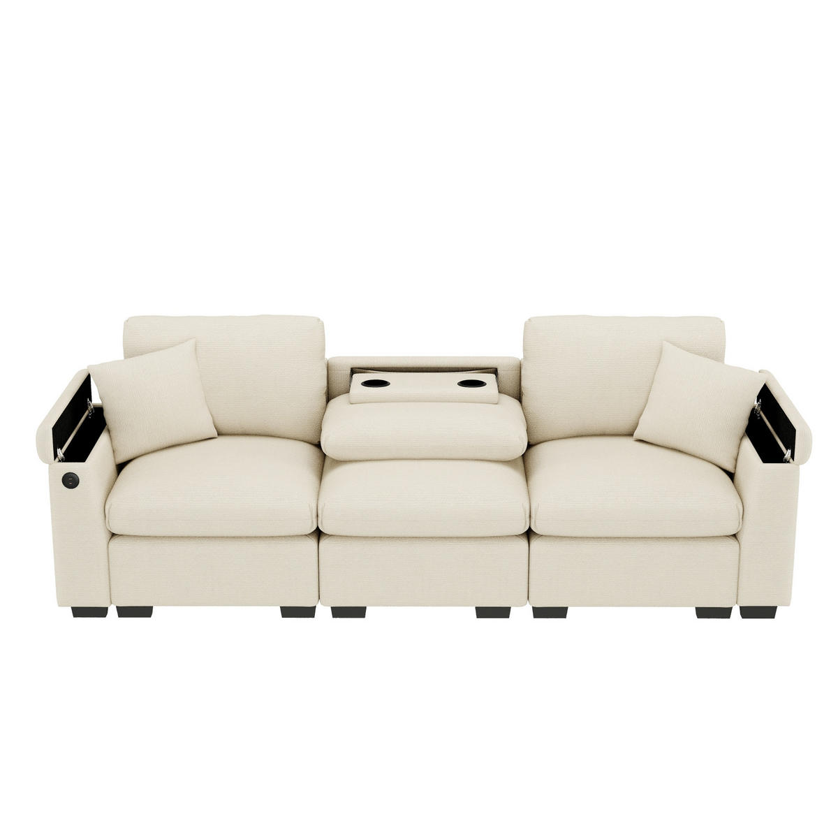 POHOVKA z chenillu, 242/80/88 cm béžová, 3-miestna s USB, stolíkom a úložným priestorom - béžová, textil (80/88/242cm) - BEAOK