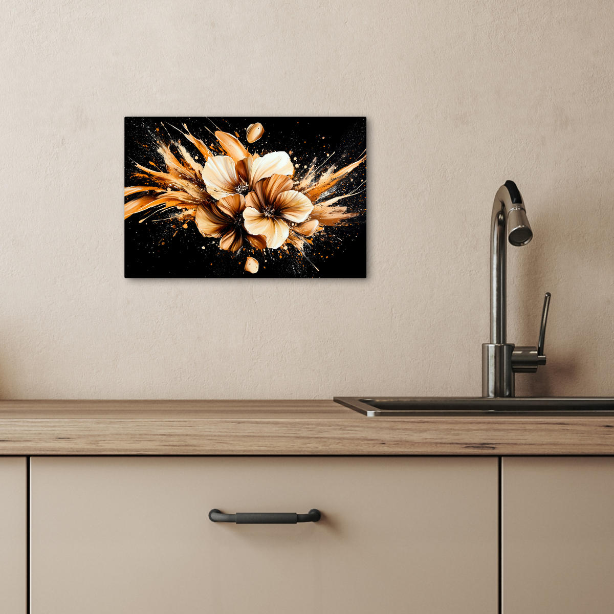 LEINWANDBILD Blumen - Gold - Graffiti - Schwarz - Abstrakt 30x20 cm - Cappuccino, Textil (30/20cm) - MuchoWow