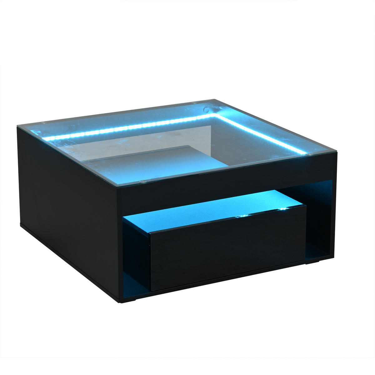 COUCHTISCH 70/70/35 cm Schwarz aus Holzwerkstoff mit LED-Lichtstreifen und 2 Schubladen - Schwarz, Holzwerkstoff (70/70/35cm) - OKWISH