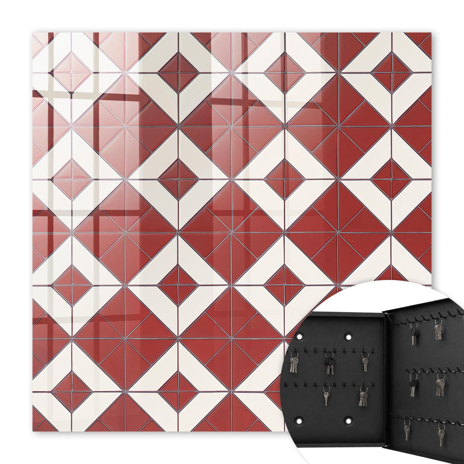 SCHLÜSSELBOX Schwarz 30x30 cm- Türöffnung nach rechts - Rotes Mosaik - Rot, Metall (30/30/5cm) - TULUP
