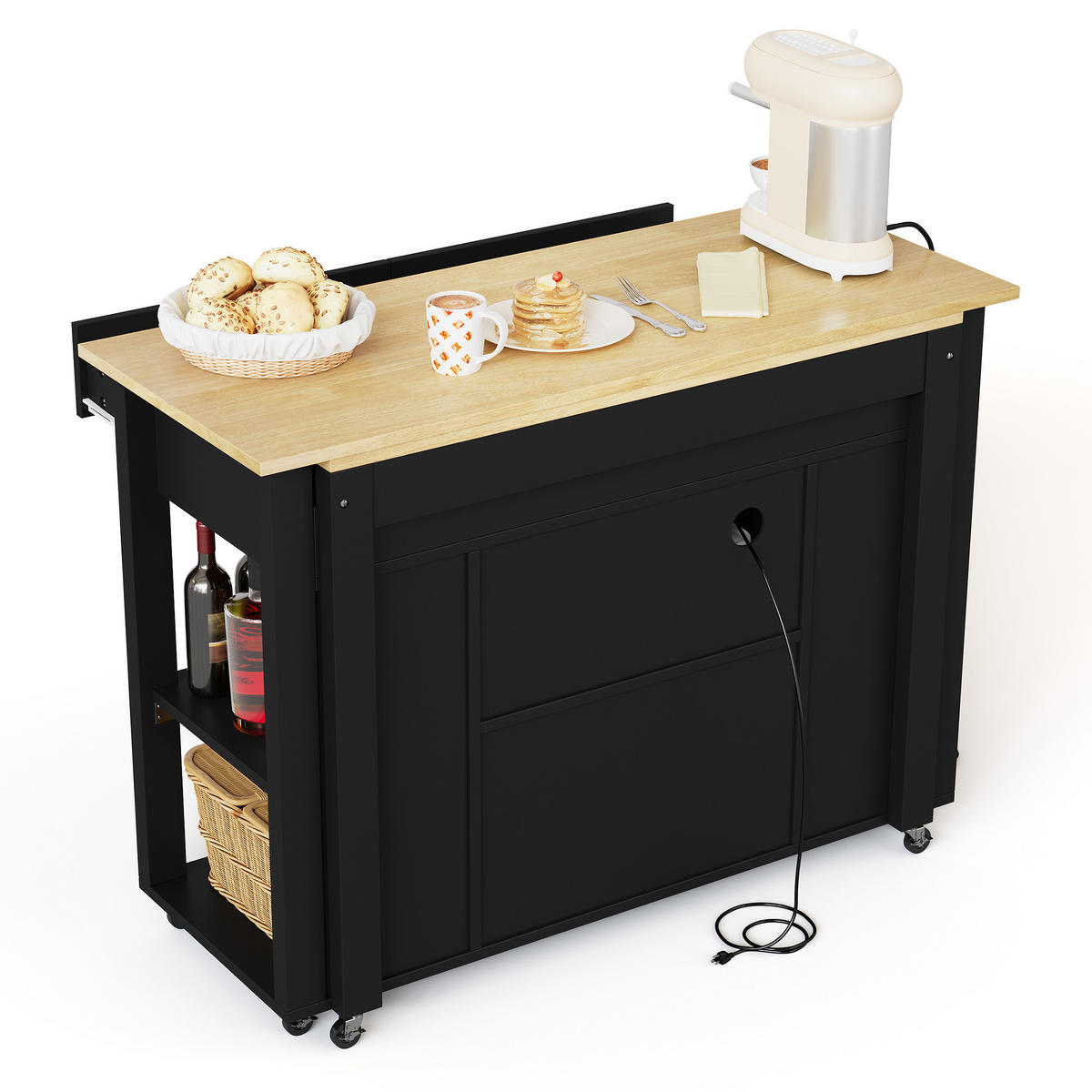 KÜCHENINSEL 120/77/93 cm schwarz naturfarben mit ausziehbarer Bartheke und Steckdosen - Schwarz, Holzwerkstoff (120/93/77cm) - OKWISH